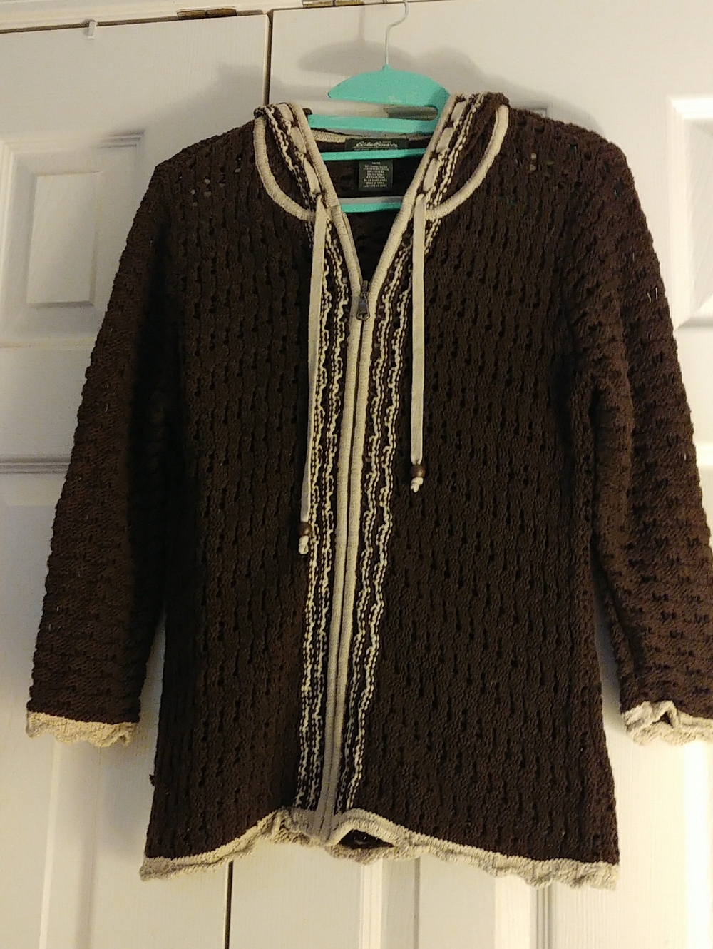 Eddie Bauer Brown Knit Zip Front Hoodie with Cream Trim